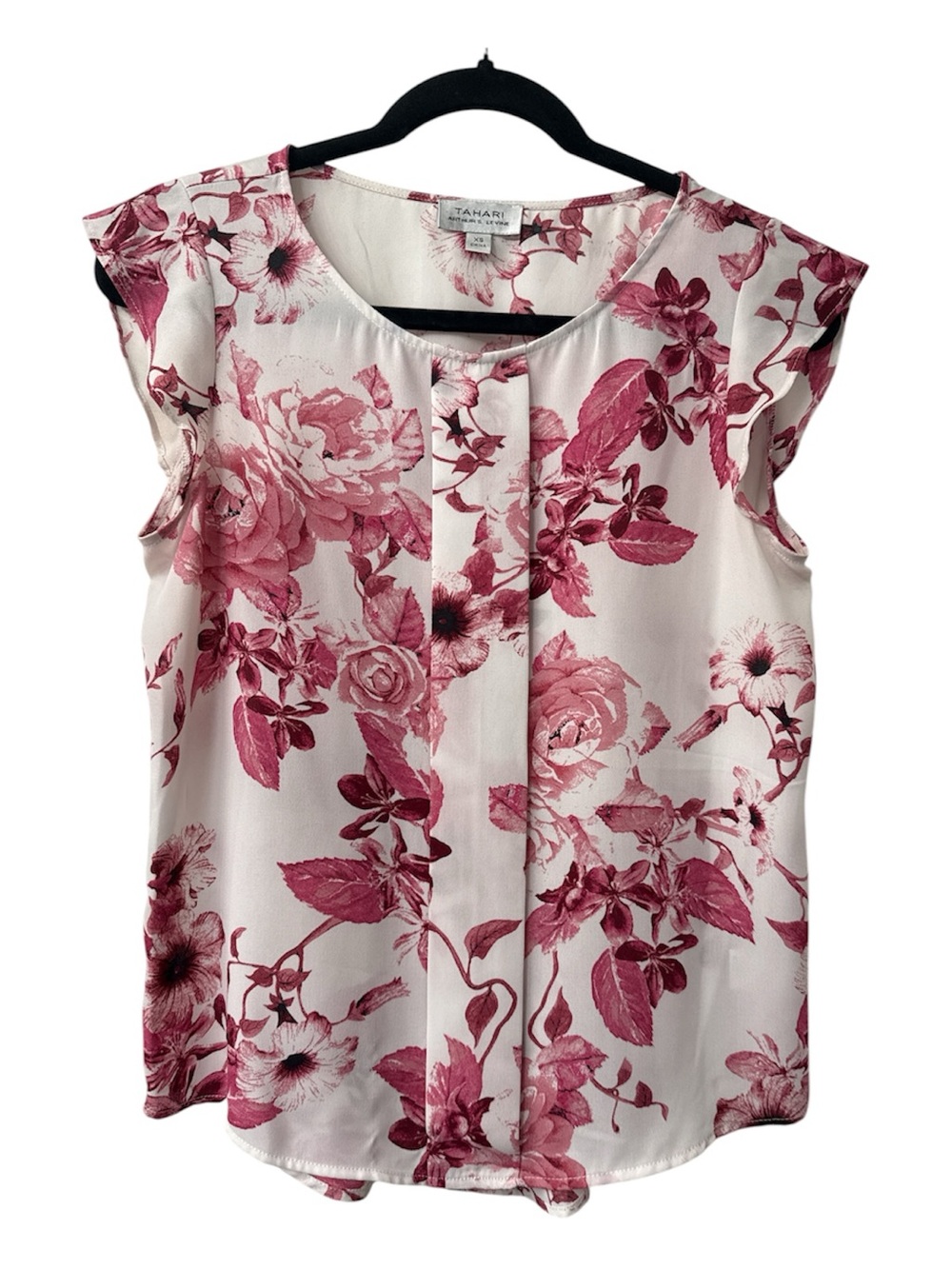 Tahari ASL White and Pink Floral Pleated Cap-Sleeve Top